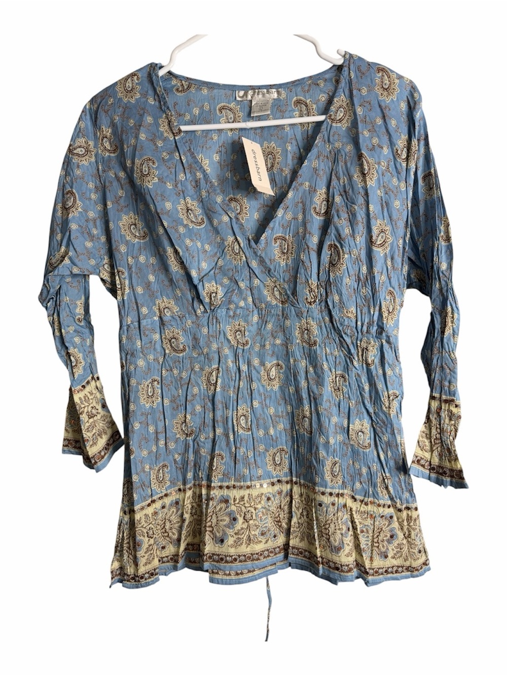 Dressbarn NWT Blue Paisley Empire‑Waist Blouse with Sequins Large Festival Boho